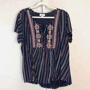 Style & Co Embroidered Boho Peasant Blouse Navy Plus Size 1X Striped Flutter Top